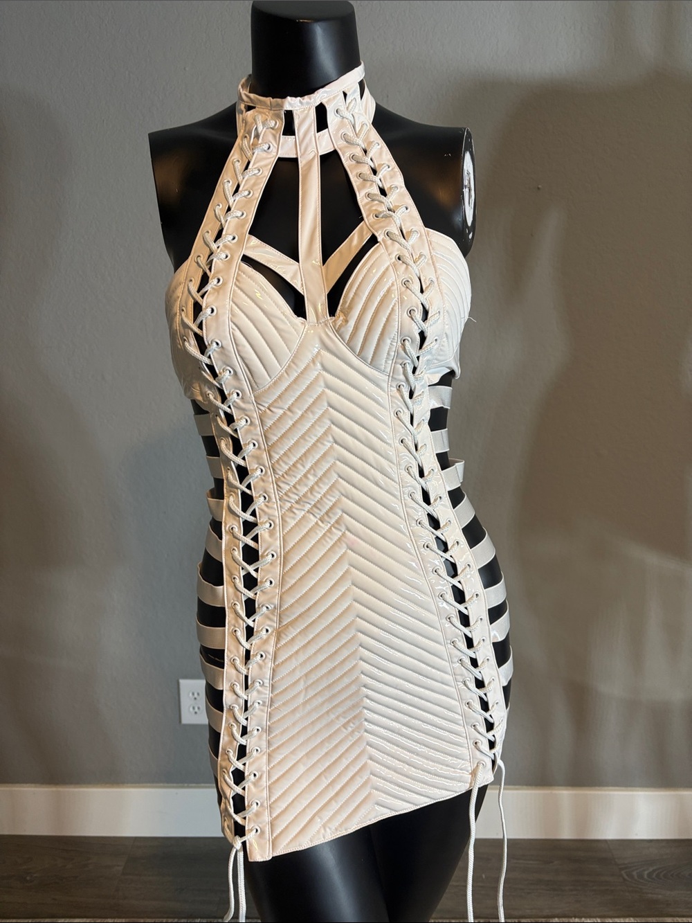 White Lace-Up Halter Mini Dress